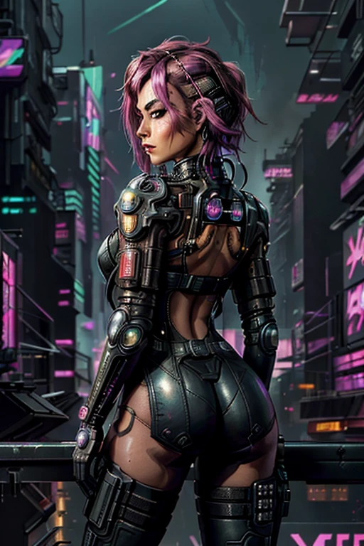 (back view),((ultra realistic illustration:1.2)),(cyberpunk:1.4),(dark sci-fi:1.3). Sexy mech pilot, with short pink hair, wearing leather lingersuit, fishnets, jacket, thigh high boots. Rebellious. Dystopic megacity, gritty, neon, hell, Armored Core, Battletech. Front Mission. Masterpiece, (highly detailed:1.2),(detailed face and eyes:1.2), 8k wallpaper, natural lighting. core shadows, high contrast, bokeh.