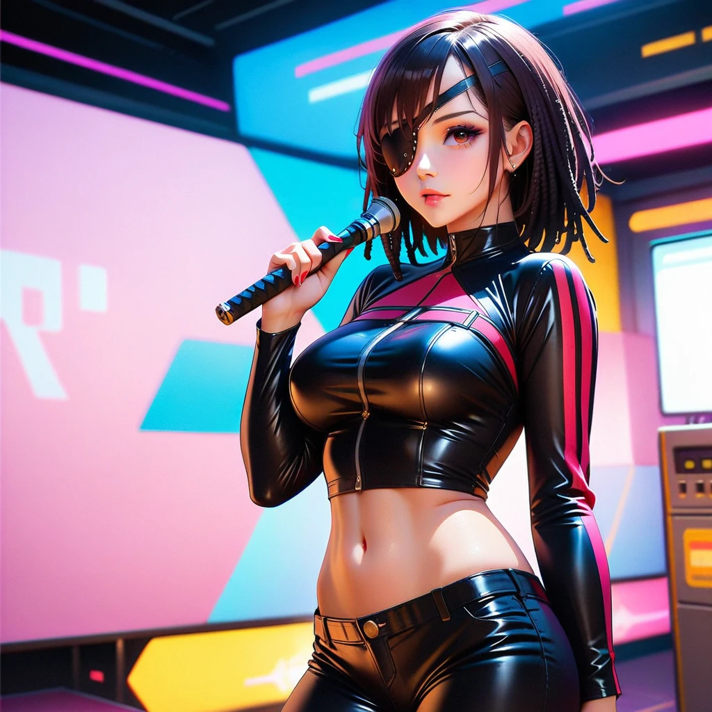 (Eyepatch on left eye:1.８)、(Cowboy Shot:1.4)、Beautiful Young Woman Space Pirate、Beautiful detailed right eye、Long detailed eyelashes、Dreadlocks、Ideal proportions、Large Breasts、Spaceship、Spaceport、arms、gun、knife、sword、Sensual pose、Provocative pose、(Highest quality、4k、8k、High resolution、masterpiece:1.2)、Super detailed、(Real、Photorealistic、Photorealistic:1.37)、Cinematic lighting、Dramatic lighting、Bright colors、Very detailed、SF、cyber punk、Digital Art、crstrnmod