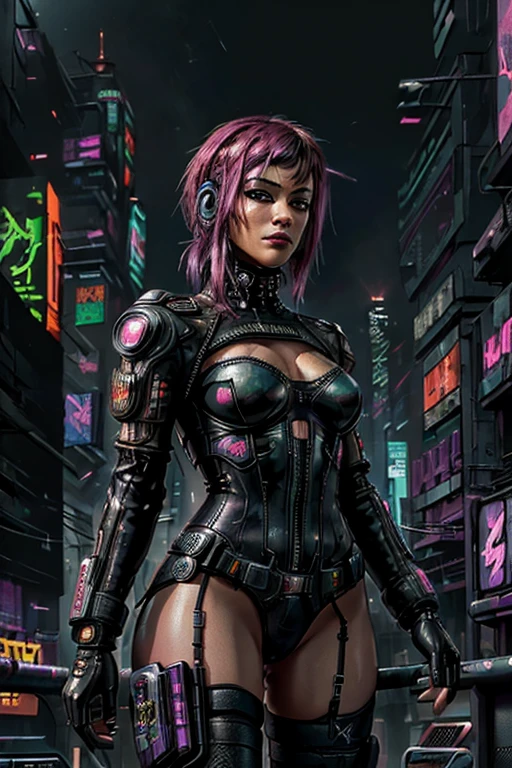 ((ultra realistic illustration:1.2)),(cyberpunk:1.4),(dark sci-fi:1.3). Sexy mech pilot, with short pink hair, wearing leather lingersuit, fishnets, jacket, thigh high boots. Rebellious. Dystopic megacity, gritty, neon, hell, Armored Core, Battletech. Front Mission. Masterpiece, (highly detailed:1.2),(detailed face and eyes:1.2), 8k wallpaper, natural lighting. core shadows, high contrast, bokeh.