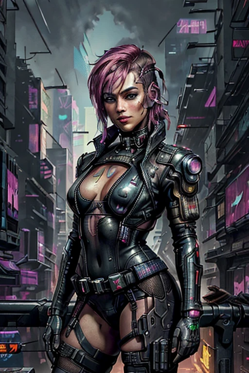 ((ilustración ultra realista:1.2)),(ciberpunk:1.4),(Ciencia ficción oscura:1.3). Piloto mecánico sexy, con el pelo corto y rosa, vistiendo un traje de cuero, medias de red, chaqueta, botas altas de muslo. rebelde. Megaciudad distópica, arenoso, neón, infierno, Núcleo blindado, Battletech. Misión del Frente. obra maestra, (muy detallado:1.2),(Cara y ojos detallados.:1.2), fondo de pantalla 8k, iluminación natural. Sombras centrales, alto contraste, bokeh.