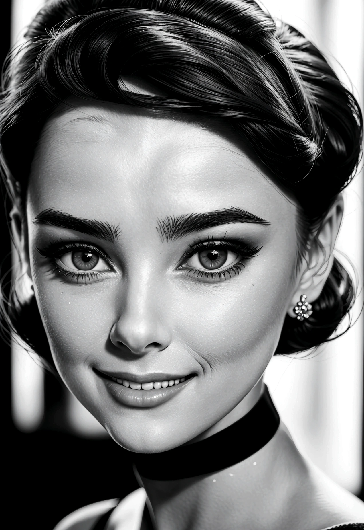 Photograph of a 20-year-old woman resembling Audrey Hepburn: short dark hair, large expressive eyes and an elegant smile. Perfect eyes, perfect nose, perfect mouth, B/W style photography from the 1950s, 8k, realistic photography