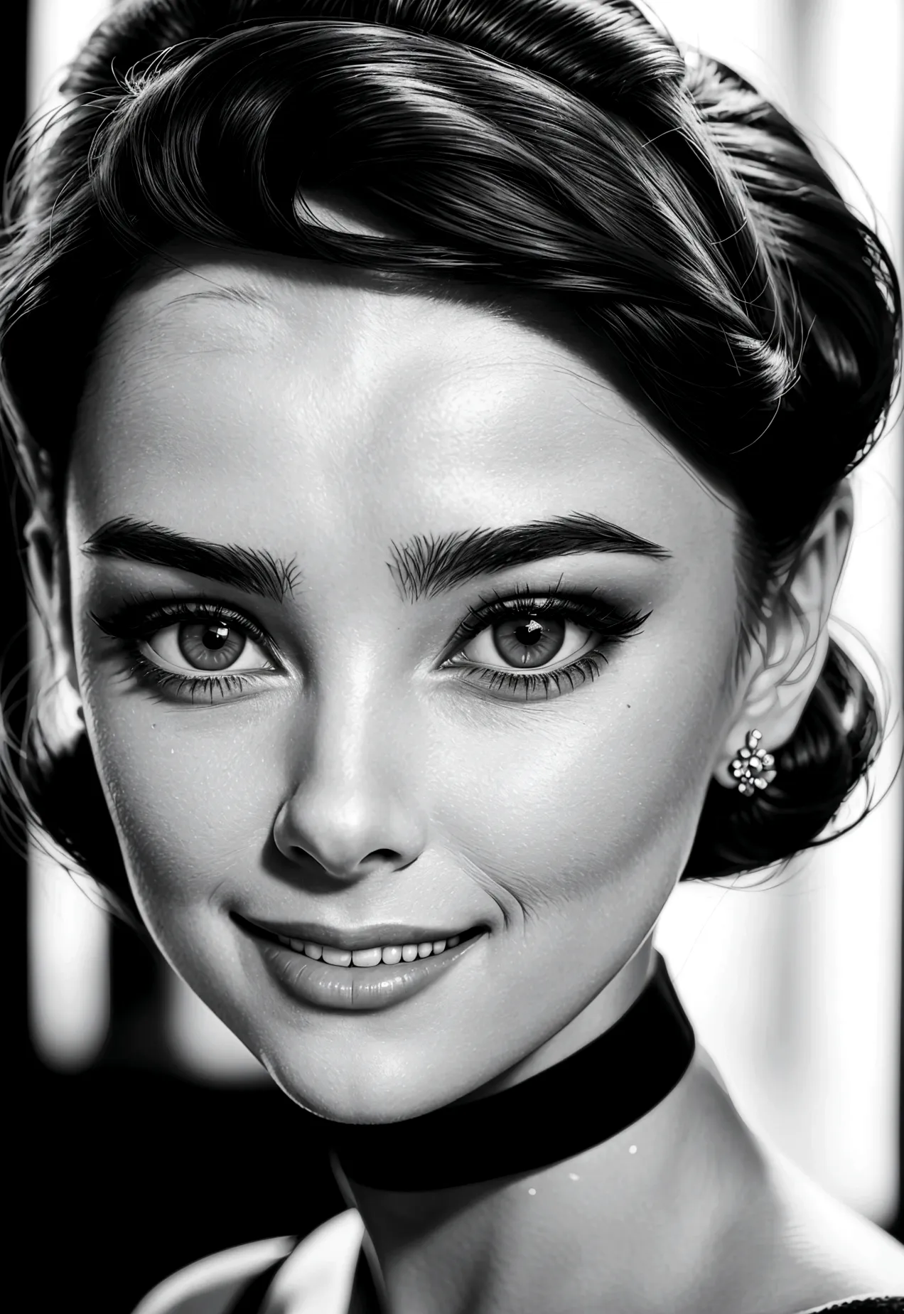 Photograph of a 20-year-old woman resembling Audrey Hepburn: short dark hair, large expressive eyes and an elegant smile. Perfec...