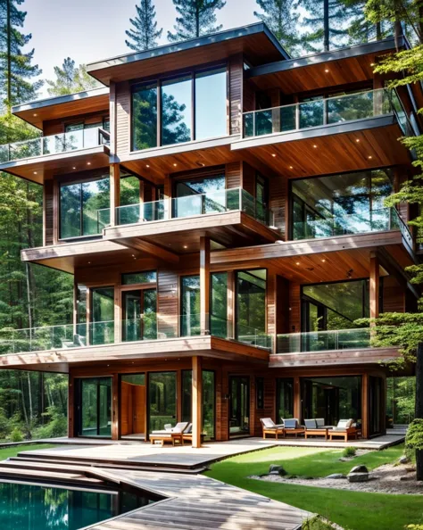 modern house, large deck, mountain view, peaceful wooden mansion, amidst of nature fully covered, large modern residence, beauti...