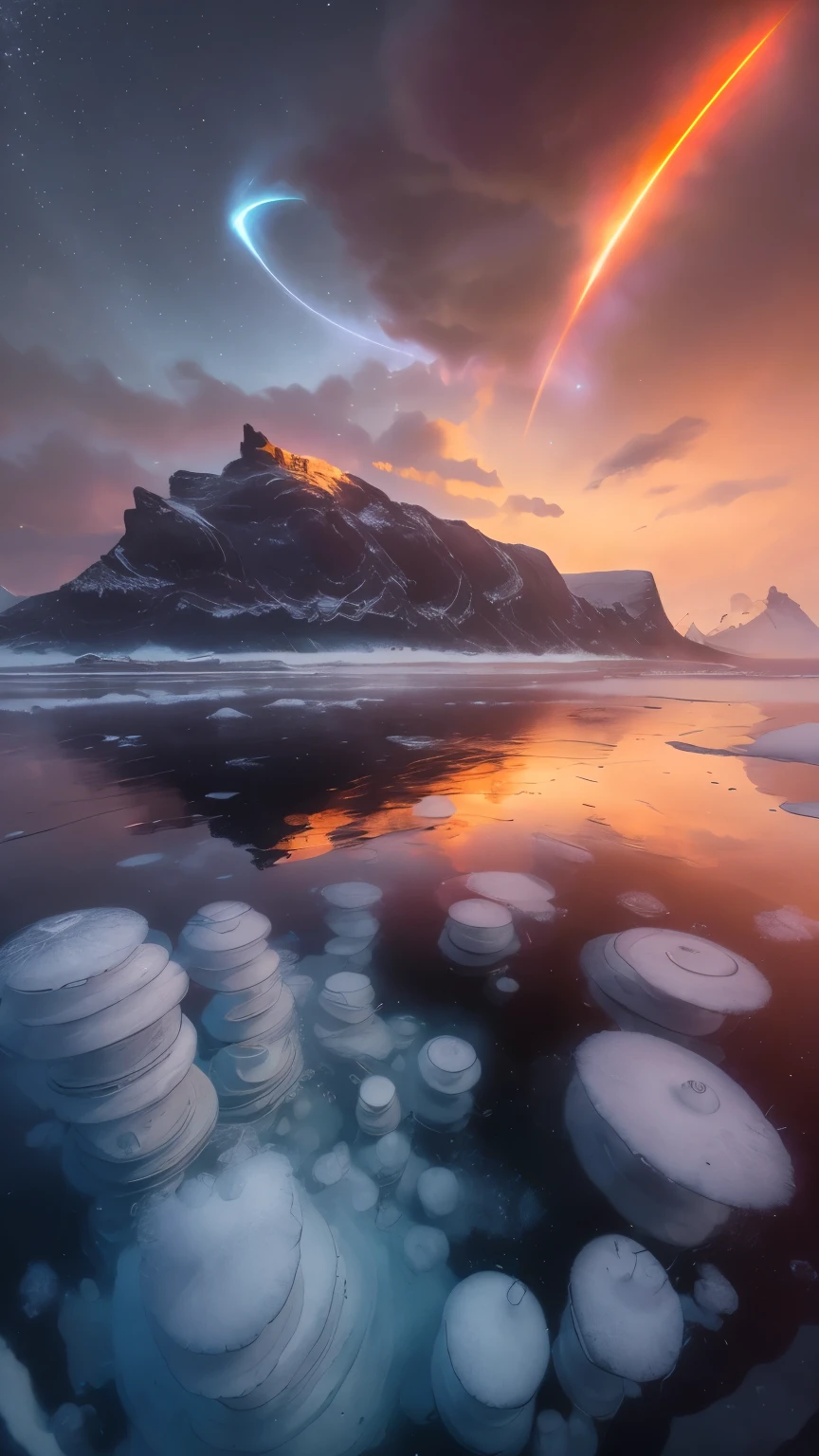 Tout en haut, un léger arc de lumière s&#39;étendant à travers le ciel comme une large et mince bande de lumière, magnifique arc à travers le ciel , Se tenir sur la plage de l&#39;océan de méthane de Titan et contempler Saturne partiellement visible et ses anneaux dans le ciel serait une expérience extraordinaire et surréaliste.. : La plage elle-même serait composée de matériaux glacés et rocheux, avec un mélange d&#39;hydrocarbures gelés. Le sol serait solide sous les pieds mais avec une texture un peu semblable à celle d&#39;un sol très froid., sable ou gravier gelé., l&#39;océan serait composé de méthane liquide et d&#39;éthane. Les vagues, si présent, se laperait doucement contre le rivage, avec un évanouissement, bruit de clapotis. Le liquide apparaîtrait un peu clair mais avec un éclat légèrement huileux, reflétant la lumière tamisée,  Des nuages de méthane et d’éthane pourraient dériver dans le ciel, ajouter des couches de profondeur et de mouvement. Occasionnellement, vous pourriez être témoin d&#39;une douce pluie de méthane, avec de minuscules gouttelettes créant des ondulations à la surface de l&#39;océan et ajoutant une légère brume à l&#39;air. La palette de couleurs globale s&#39;étendrait des oranges et bruns profonds aux jaunes sourds.. Plus près de l&#39;horizon, la brume semblerait probablement plus sombre, presque de couleur rouille, tandis que le zénith (le point directement au-dessus) ce serait un briquet, orange plus brumeux., bulles de méthane gelées. Le ciel du titan apparaîtrait comme un ciel de couleur orange rougeâtre, les anneaux de Saturne apparaîtraient comme une pâle bande de lumière translucide , réfléchissant la lumière du soleil et apparaissant comme une faible lueur. Les vagues de méthane liquide caressent doucement le rivage, reflétant la lumière ambrée diffuse. Arc lumineux dans le ciel. plusieurs lunes