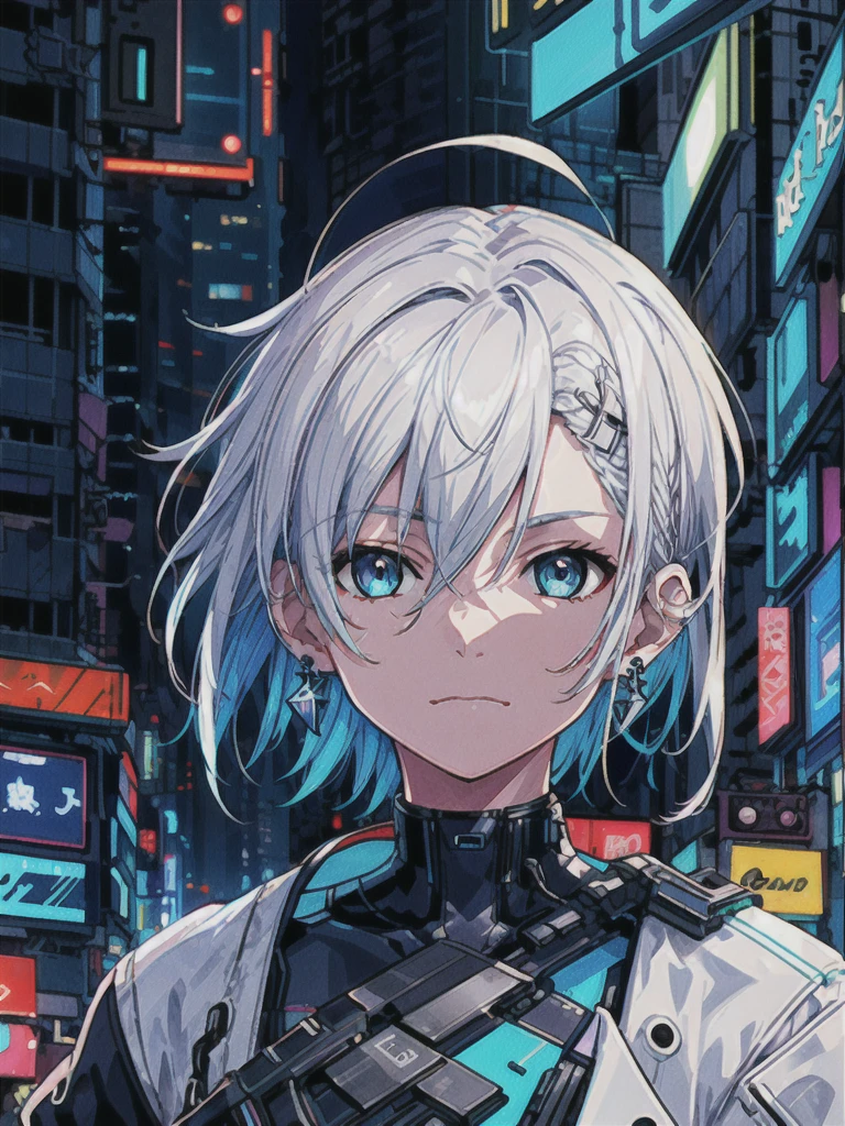 1 boy, solo, colorful, short hair, blue eyes, cyberpunk, cityscape, moon background, peace sign, earrings, white hair, neon sign, character focus, CG illustration, bust shot, white color jacket, 8k resolution, very detailed, anatomically correct, digital painting, concept art, clear picture,