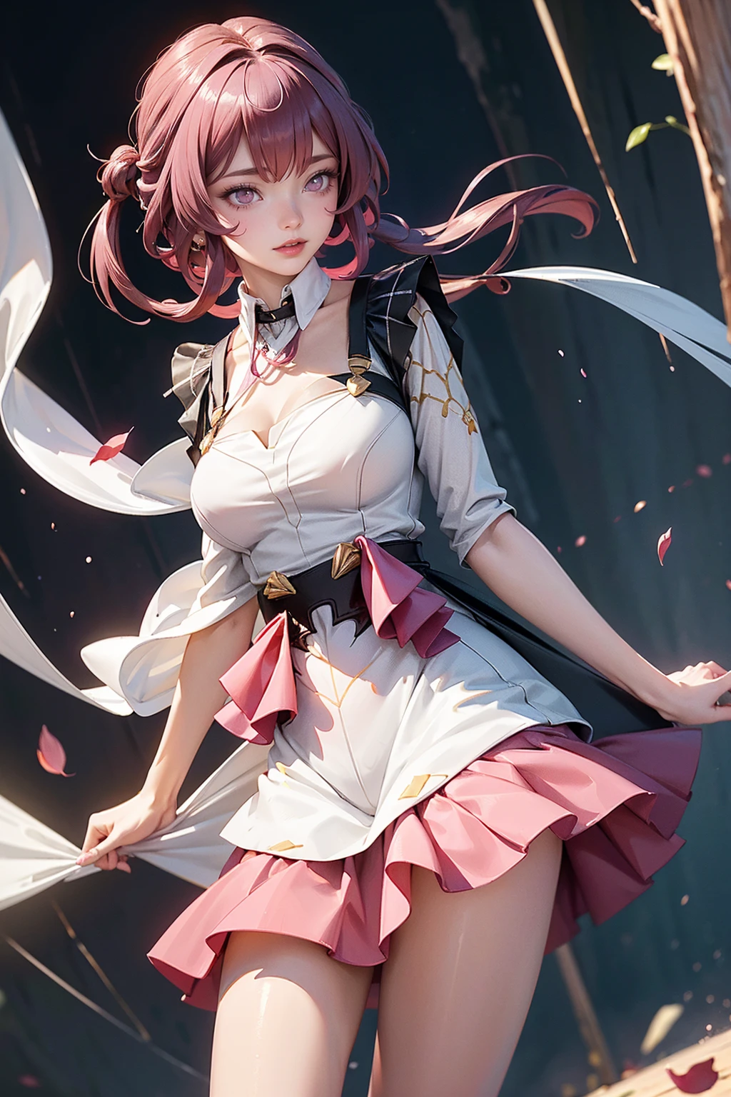 Kafka_(honkai: star rail), medium hair, long flowing hair, floating hair, ornament hair, perfectly body, perfectly hands, dark pink rose on hair, maid, maid dress, maid headdress, maid apron, white apron, white apron, white headdress, on street, petals in the air, blossom peach tree, centered girl, Chinese style, Chinese maid dress, white dress, more details on her clothes, dark pink dress with transparency, golden details, daylight, smiling, ((4k, masterpiece, top-quality)),8k, best quality, high resolution, HD, (illustration:0.8), super cute girl, delicate and beautiful face, 1girl, solo, mature girl, super cute hairstyle, (beautiful detailed eyes:1.6), extremely detailed face, perfect lighting, extremely detailed CG, (perfect hands, perfect anatomy), Best quality, cleavage, small skirt, full Body,