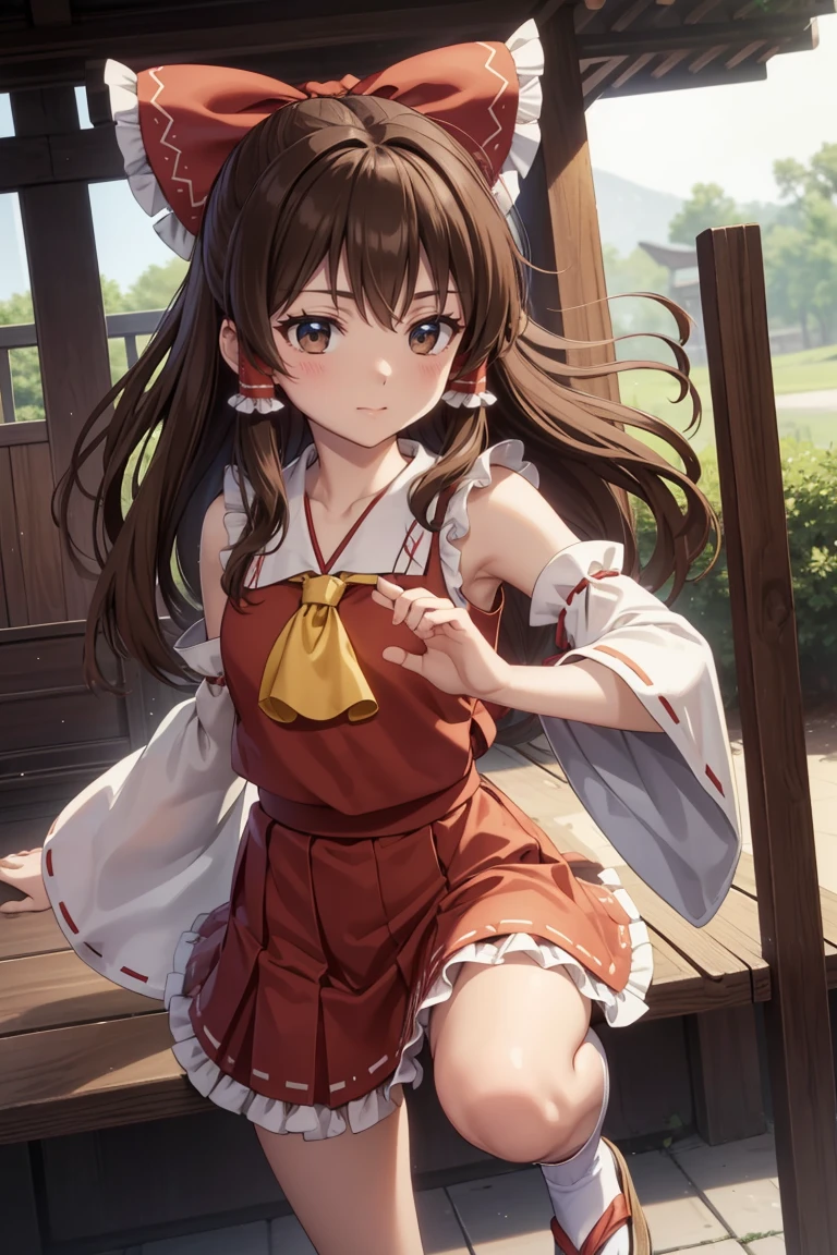 reimu hakurei, (Brown eyes:1.5), Brown Hair, bow, hair bow, Hair Tube, Long Hair, red bow, Side Lock,
Blake Ascot, Bare shoulders,Removable sleeves, embellished costume, Frills, kimono, Non-traditional Shrine Maiden, Red Skirt, Sandals, sarashi, mini skirt, socks, White sleeves, white socks, Wide sleeves,Bed、lie down、((I&#39;m not wearing panties、Beautiful genitals))、(((Open your legs wide)))
BREAK Watch Viewers,blush、Surprise face、
Outdoor rest, shrine,Cowboy Shot,Smile Break (masterpiece:1.2), Highest quality, High resolution, unity 8k wallpaper, (figure:0.8), (Beautiful attention to detail), Highly detailed face, Perfect lighting, Highly detailed CG, (Perfect hands, Perfect Anatomy),Dynamic pose,