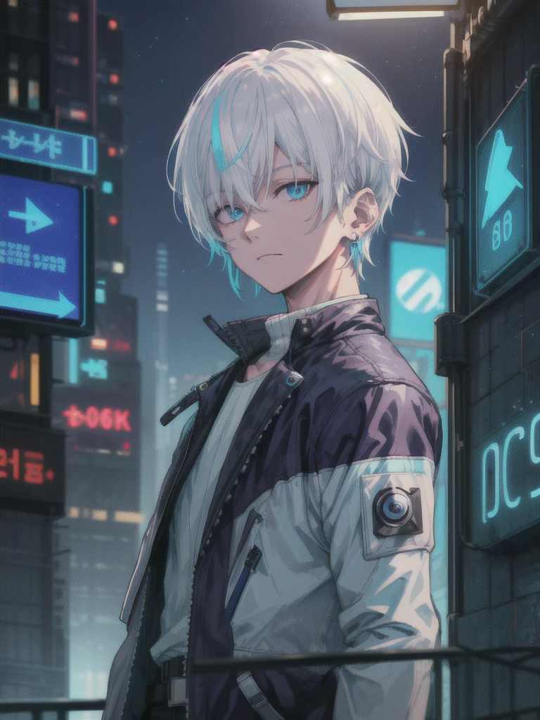 1 garçon, seulement, Coloré, Cheveux courts, yeux bleus, cyberpunk, Paysage urbain, fond de lune, signe de paix, des boucles d&#39;oreilles, cheveux blancs, enseigne au néon, focus sur le personnage, illustration de synthèse, coup de buste, veste de couleur blanche, Résolution 8k, très détaillé, Anatomiquement correct, peinture numérique, art conceptuel, image claire,