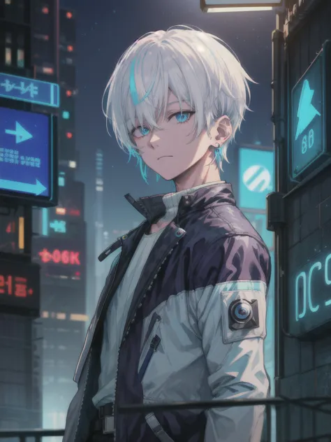 1 boy, solo, colorful, short hair, blue eyes, cyberpunk, cityscape, moon background, peace sign, earrings, white hair, neon sign...