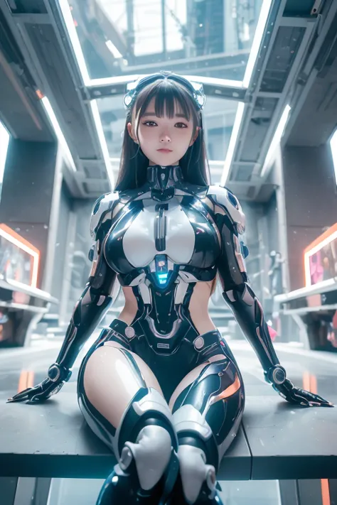 Woman in a futuristic suit standing in a futuristic city, Girl wearing mecha cyber armor, (Mechanized Valkyrie Girl), (Beautiful...