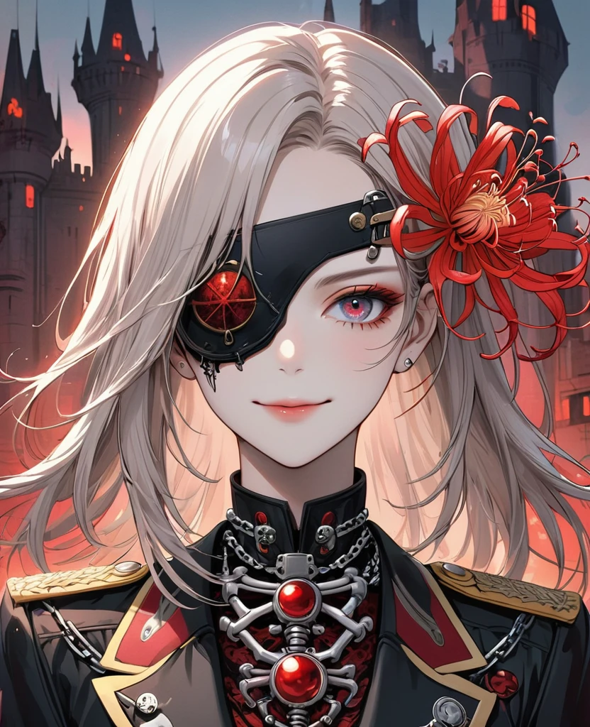 (Digital Illustration，Detailed anime style，Heavy Metal Cyberpunk，Pearl tassel eye mask，Portrait of girl wearing mask eye patch，Solitary，symmetry)，(Big colorful eyes，Fashionable and exquisite facial features，Exquisite makeup，Smooth skin，Smile，Soulful gaze，)，(Straight Hair，Hairpin)，(Black suit，Epaulettes-Chain，cool，)，(((Correct human anatomy)))，Red spider lily from，Flourishing red spider lily，Skeleton，Castle Background