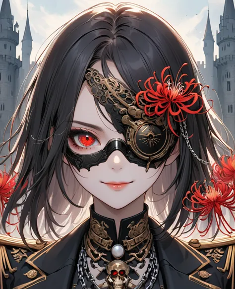(Digital Illustration，Detailed anime style，Heavy Metal Cyberpunk，Pearl tassel eye mask，Portrait of girl wearing mask eye patch，S...