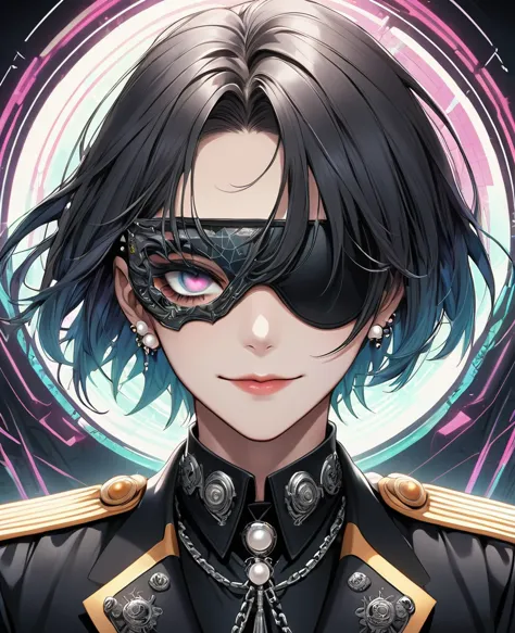 (digital illustration，detailed anime style，heavy metal cyberpunk，pearl tassel eye mask，portrait of short-haired boy wearing mask...