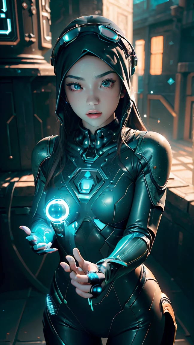 ((Best quality)), ((masterpiece)), (detailed:1.4), 3D, a beautiful cyberpunk female figure with VAIL or HIJAB, (full-coverage electronic leather suit), light particles, pure energy chaos anti-technology, HDR (high dynamic range), ray tracing, NVIDIA RTX, Super-Resolution, Unreal 5, Subsurface scattering,PBR Texturing,Post-processing,Anisotropic Filtering,Depth-of-field,Maximum clarity and sharpness,Multi-layered textures,Albedo and Specular maps,Surface shading, Accurate simulation of light-material interactions, perfect proportions, Octane Render, two-tone lighting, large aperture, low ISO, white balance, rule of thirds, 8K RAW, background in Prambanan Temple Indonesia