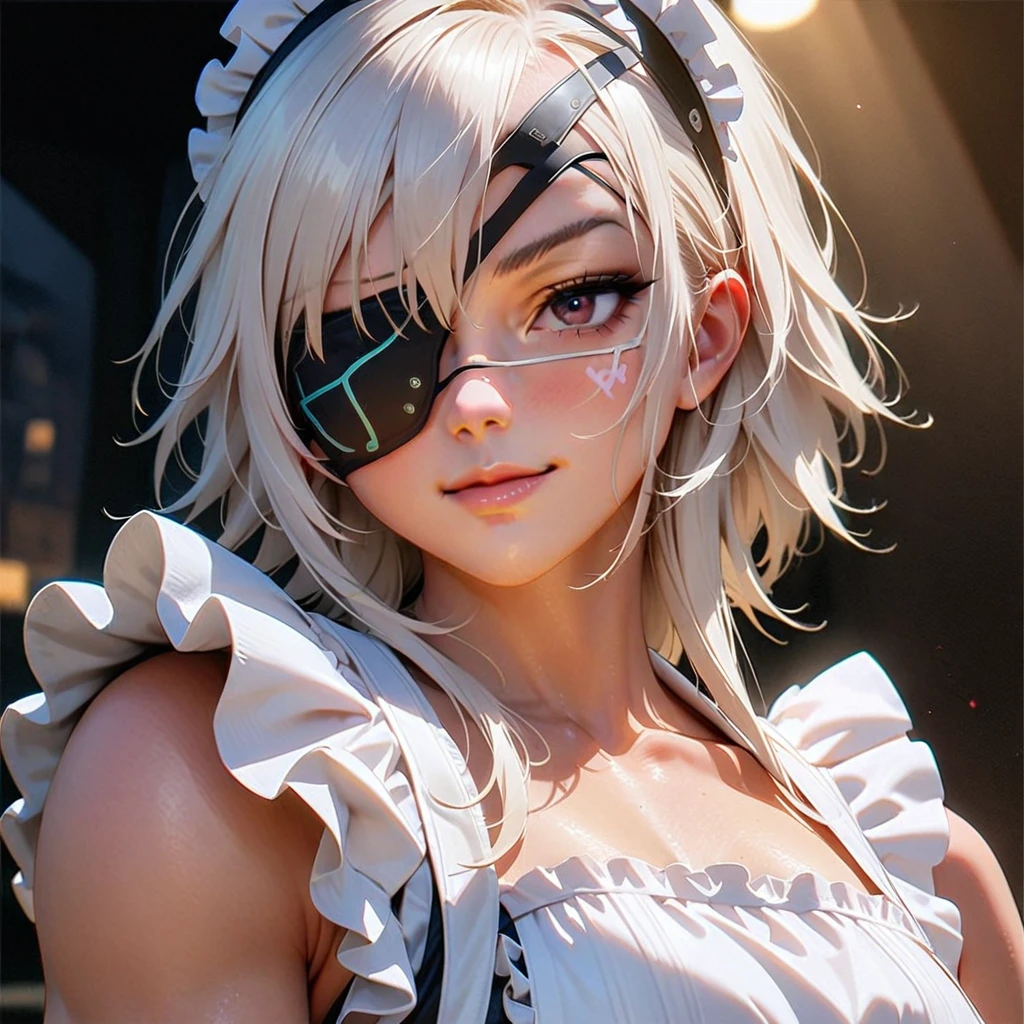 Beautiful female cyborg soldier wearing maid clothes、Short white hair、muscular、Six Pack Abaid clothes)、(White frilly apron:1.35)、Facial blemishes、(Eye patch on right eye:1.6)、Smirking expression、Dramatic lighting、Very detailed、cinematic、暗くGloomy atmosphere、Neon color、Dramatic Pose、Intricate mechanical details、Future、Photorealistic、(Highest quality、4K、8k、High resolution、masterpiece:1.2)、Super detailed、(Real、Photorealistic、Photorealistic:1.37)、HDR、uhd、Studio Lighting、Very detailedな目と顔、Long eyelashes、Intricate mechanical details、Dramatic lighting、cinematic、cyber punk、Neon color、Gloomy atmosphere、Future、Complicated costumes、Dramatic angle、crstrnmod
