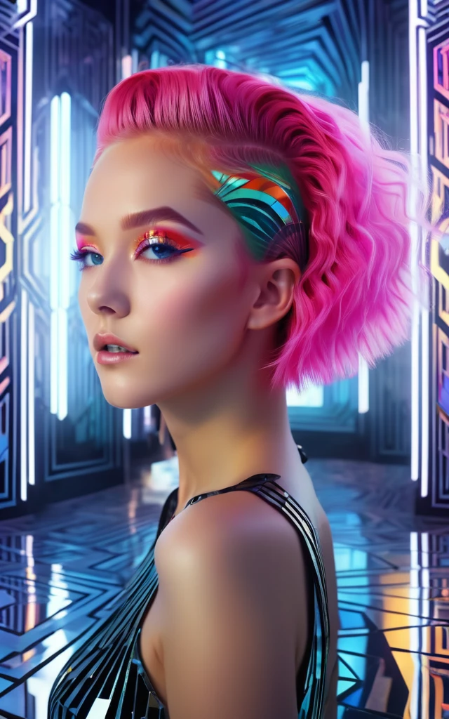 (best quality, 4K, 8K, high-resolution, masterpiece), ultra-detailed, photorealistic, young woman, vibrant neon hair, geometric Art Deco patterns on face, surreal dream-like setting, mirror-like floors, mirror-like walls, reflections, posing, intricate facial designs, modern fashion, ethereal lighting, digital art