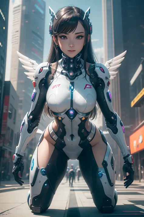 woman in a futuristic suit standing in a futuristic city, girl wearing mecha cyber armor, (mechanized valkyrie girl), (beautiful...