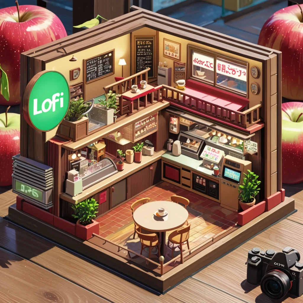 ((anime:1.4,illustration)),(masterpiece, top quality, best quality),(ultra-detailed, absolutely resolution),((16k, high res)),

(((a miniature of a model of a lofi cafe inside an apple, incredibly detailed, a microscopic photo, photorealism))

((cosy lofi illustration:1.4)), ((anime:1.4, illustration)),(masterpiece, top quality, best quality),(ultra-detailed, absolutely resolution),((16k, high res)) BREAK {lofi art, style of Laurie Greasley, style of Makoto Shinkai, anime aesthetic}, BREAK { (produces images with information than 40 million pixels with cinematic-like detailed textures shot on a Sony SLR).}