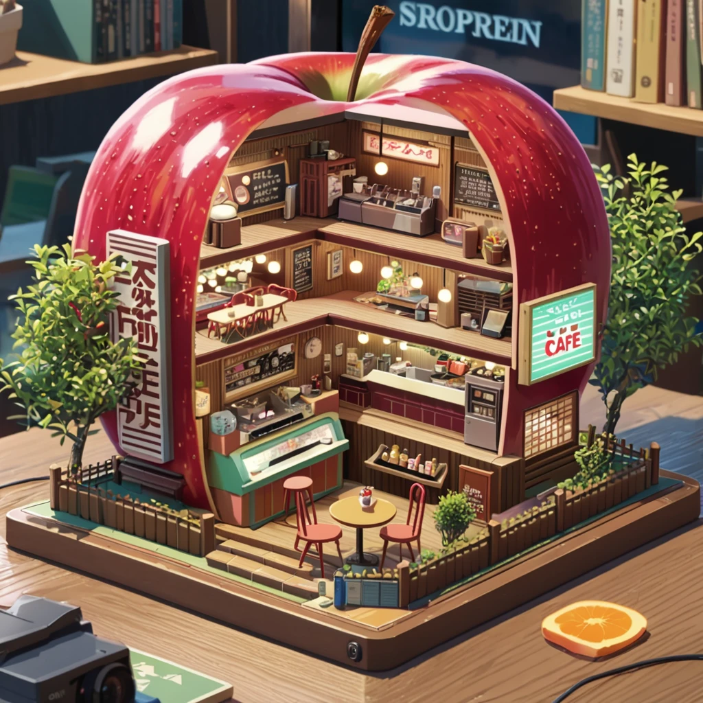 ((anime:1.4,illustration)),(masterpiece, top quality, best quality),(ultra-detailed, absolutely resolution),((16k, high res)),

(((a miniature of a model of a lofi cafe inside an apple, incredibly detailed, a microscopic photo, photorealism))

((cosy lofi illustration:1.4)), ((anime:1.4, illustration)),(masterpiece, top quality, best quality),(ultra-detailed, absolutely resolution),((16k, high res)) BREAK {lofi art, style of Laurie Greasley, style of Makoto Shinkai, anime aesthetic}, BREAK { (produces images with information than 40 million pixels with cinematic-like detailed textures shot on a Sony SLR).}