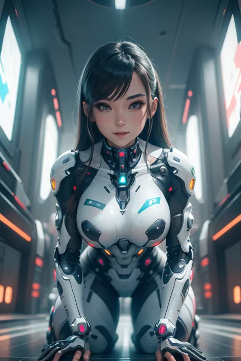 woman in a futuristic suit standing in a futuristic city, girl wearing mecha cyber armor, (mechanized valkyrie girl), (beautiful...