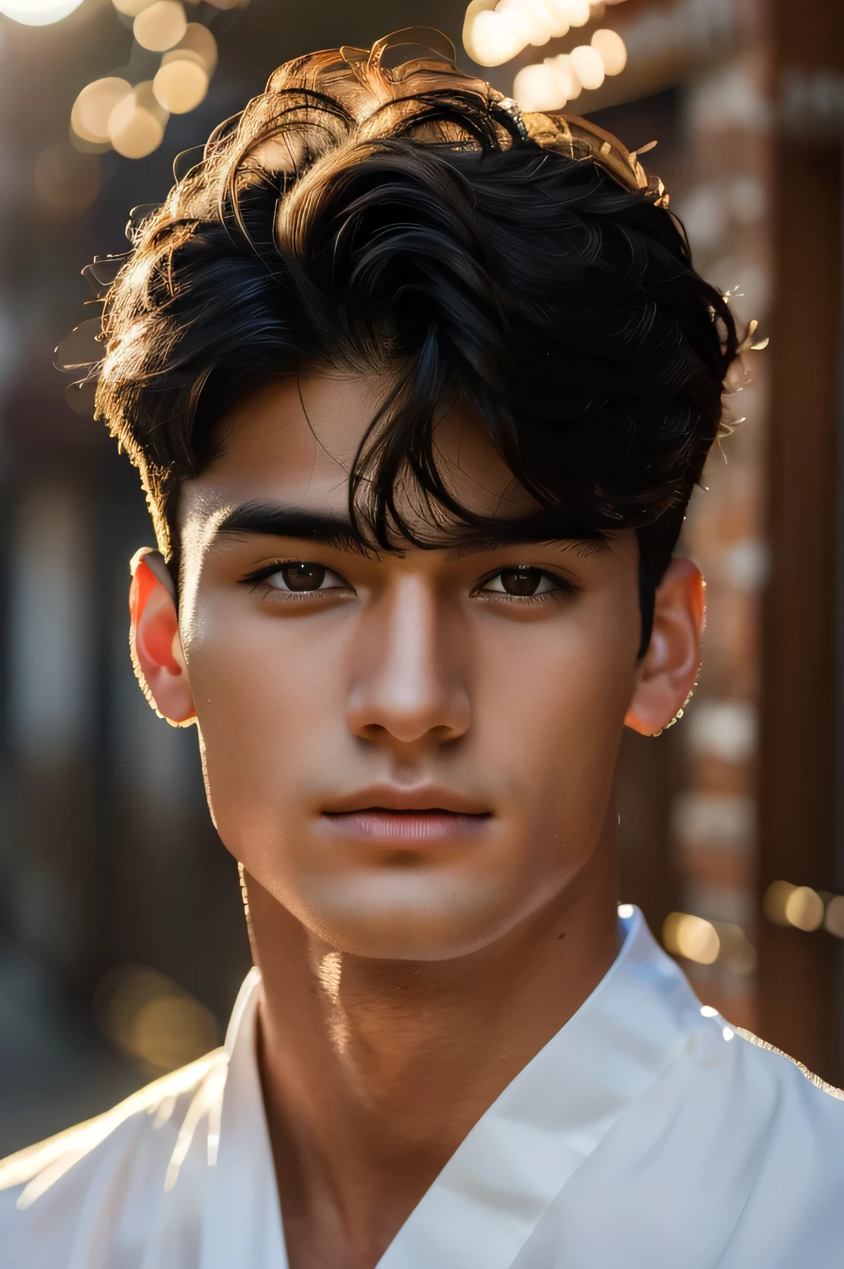 A handsome 22-year-old boy, his hair is black and his cut is graduation, his skin is tropical, he has no body hair, he is in an editorial shoot, the image shows a close-up of his face (sexy face). In the background of the image there is a burst of white light, highlighting the face that comes out of the light, his face contains natural lighting. photoshoot, editorial shoot, fashion, realistic, realistic image, cute androgynous prince, Ryan McGinley