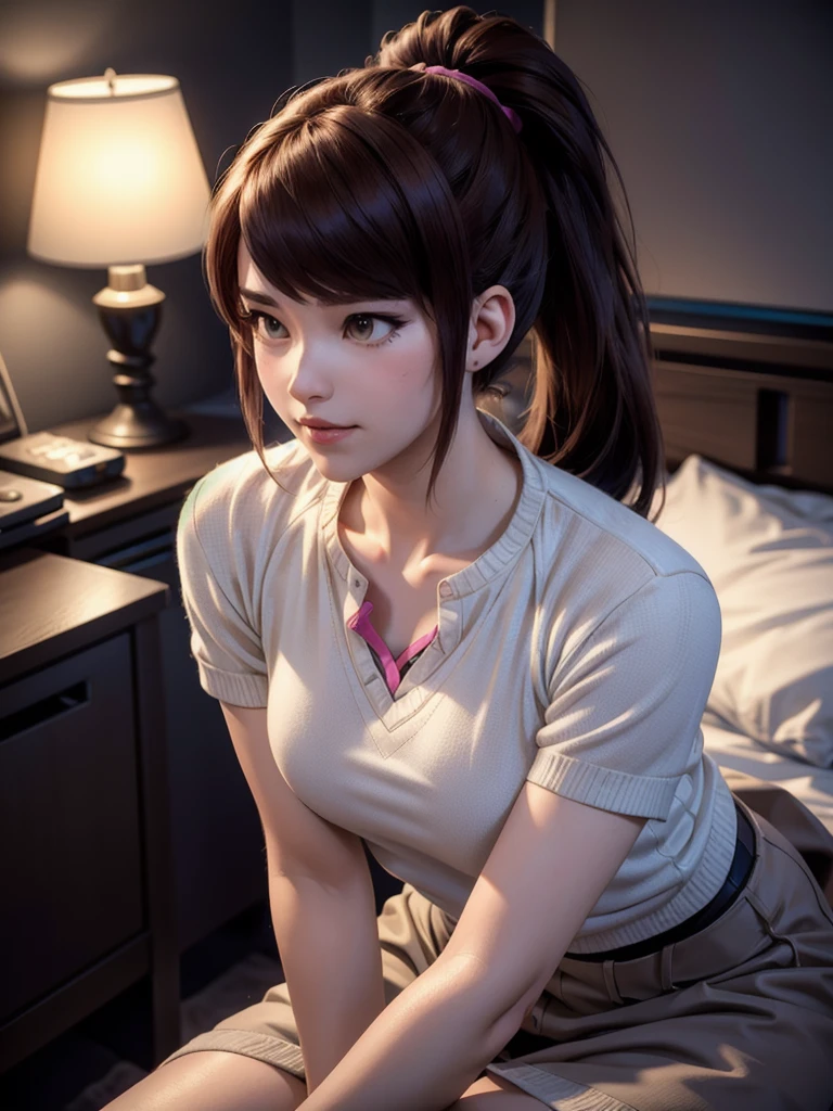 ((DVA from Overwatch)) without her mech, a woman with short brown hair in a (ponytail),she sits on her bed with her legs spread, high quality refelctions, volumetric lighting, she is wearing casual clothes, in her bedroom on her bed, 1 girl solo, cinematic lighting, high resolution, physically-based rendering, 8k, volumetric lighting, hyperrealistic, detailed facial features, masterpiece, full upper body, gaming setup in background, cinematic, you can see the fabric of the shirt and the knits very detailed,(she has very small  breasts), nsfw, the focus is on her whole body and the environment, cinematic screenshot, you can see the (whole room) and her sitting on the bed, the picture has a very soft look at soft textures, cute sleepy smile, her arms are on a game controller, DVA is gaming before sleeping, (woman body)