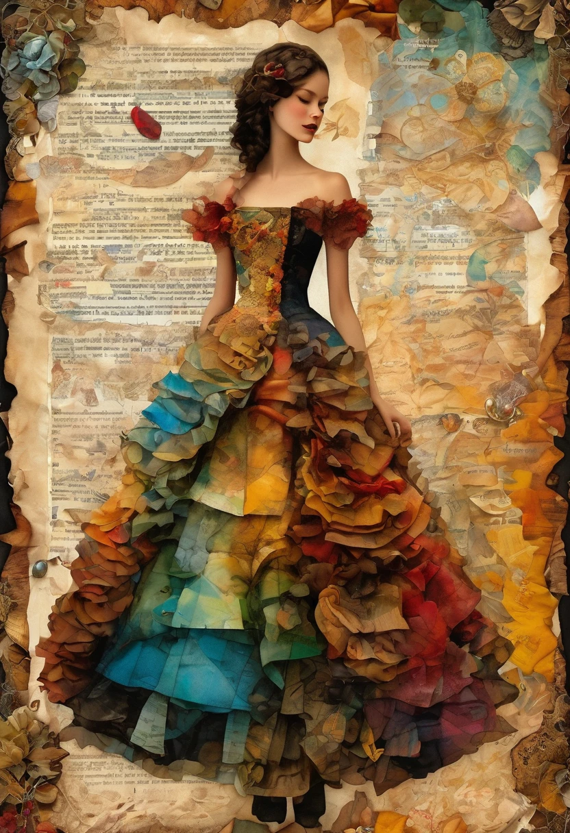 Super detailed alcohol ink painting of gorgeous girl, Made on top of a mixed-media masterpiece patchwork of stress-free vintage script paper, Ephemera, Torn cardboard, Vintage newspaper, Vintage sheet music, Wax Seal, Dress made of paper ruffles and life-size dainty lace, in the style of [Junk Journal, double exposure, Equal to the size of the body, Greg Simkins, Mark Davis, Oliver Jeffers, Andy Kehoe], Cinematic, Stunning, Highly detailed, 8K, dehazed
