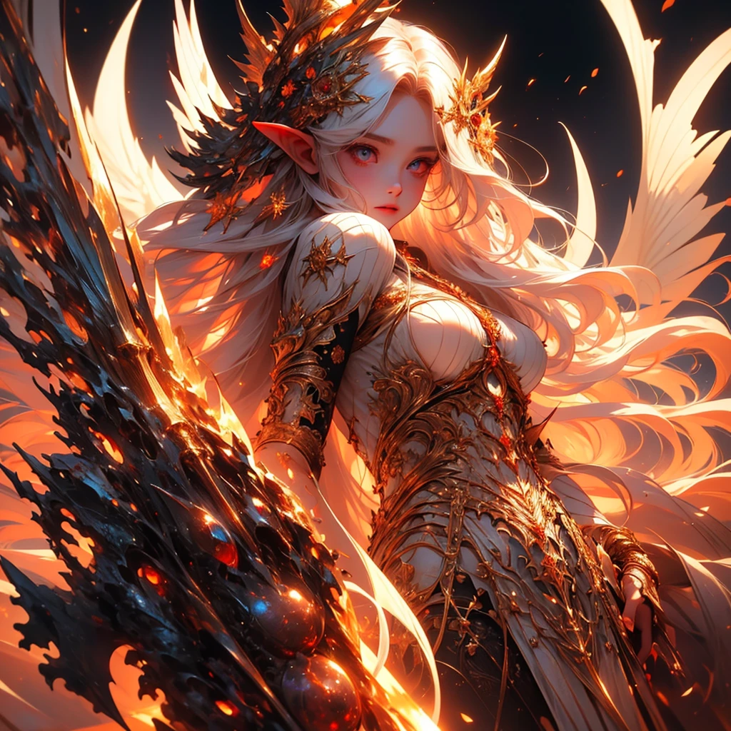 ，The soul phoenix with fluffy straight golden hair，A strand of her hair fell on her face,Cold white skin,Light red skin,The eyes are like rubies，pointed elven ears,Sexy body,Big round breasts and big ass,Souls around, Red energy, strength,high quality，high resolution，detailed, Vibrant colors , Correct proportions, Perfect anatomical structure, detailed eyes, Realistic eyes,detailed background, Realistic Environment, No deformation