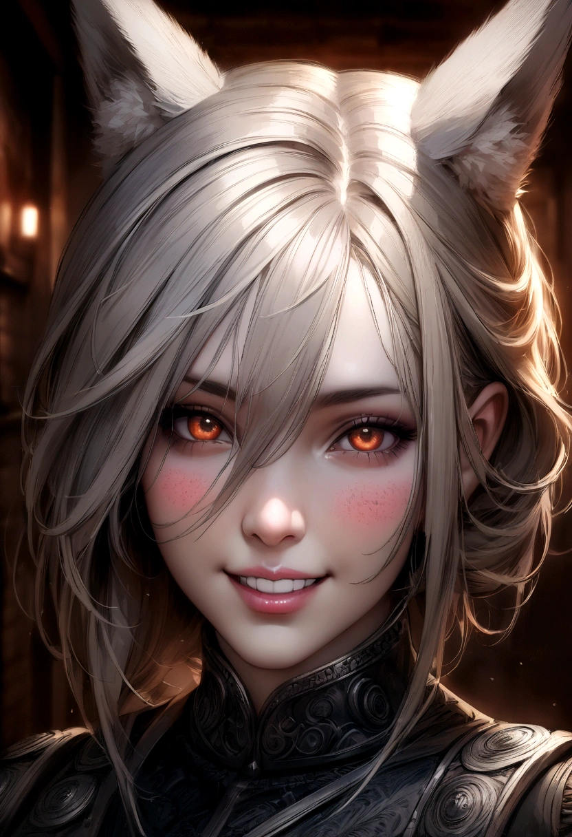 ((masterpiece, realistic, Best quality, extremely complex, One, 1 girl)), Color Connection, painted, bright colors, Colorful, spot color, NFV, (portrait, face focus), blush of the nose, sensual, Basement, noon, (large breasts1.2), (grin:1.2), hair between eyes, fox ears, thigh high