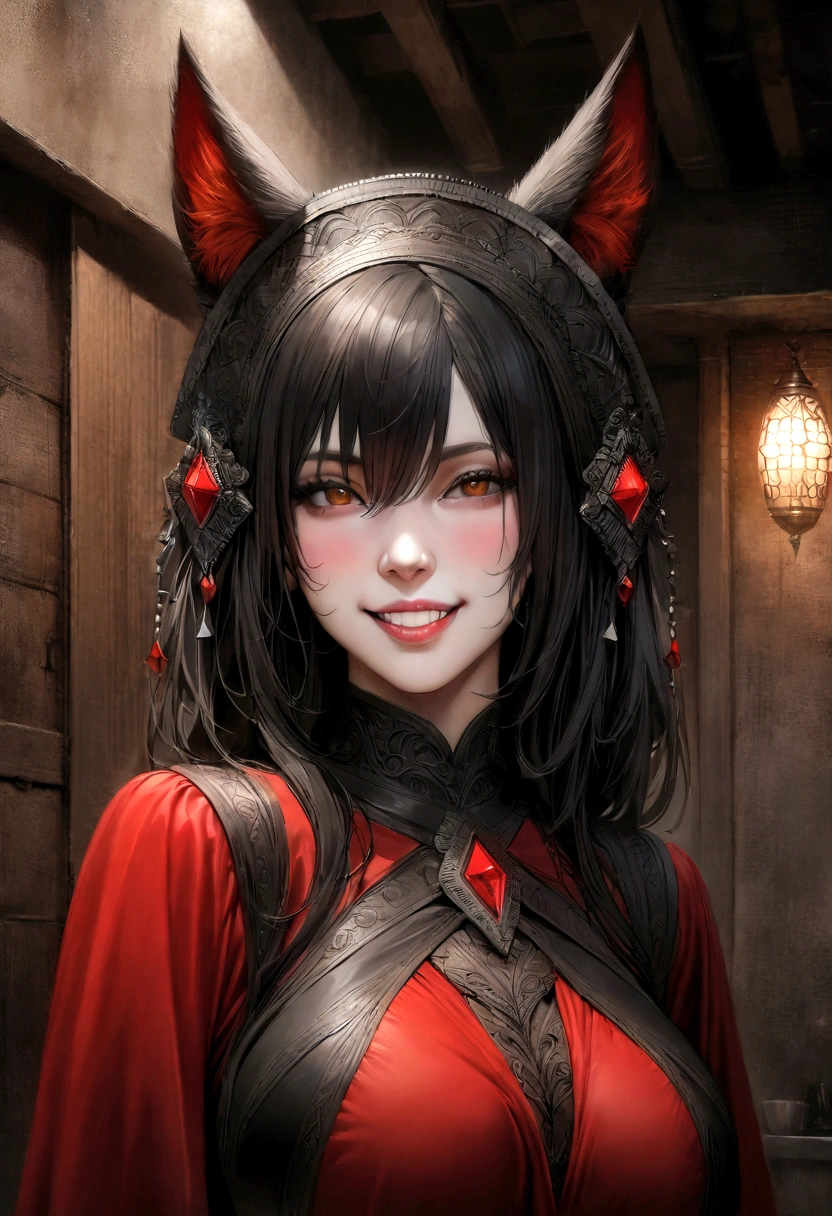 ((masterpiece, realistic, Best quality, extremely complex, One, 1 girl)), Color Connection, painted, bright colors, Colorful, spot color, NFV, (portrait, face focus), blush of the nose, sensual, Basement, noon, (large breasts1.2), (grin:1.2), hair between eyes, fox ears, thigh high