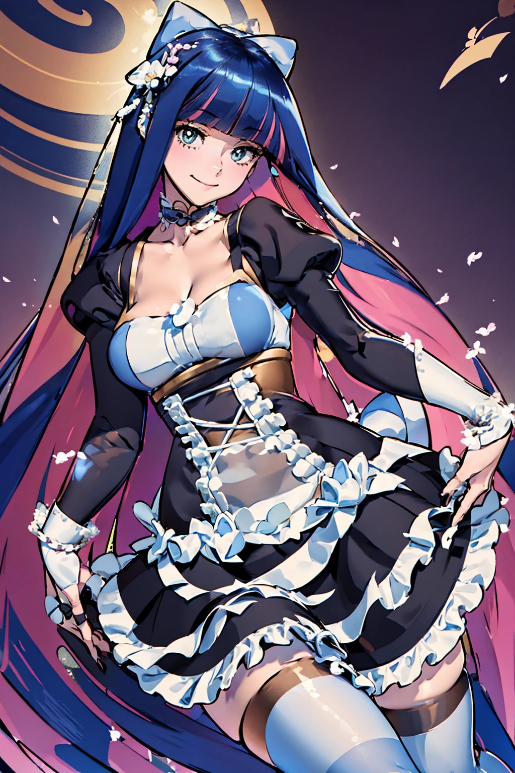 Anarchy Stocking, long hair, long flowing hair, floating hair, ornament hair, perfectly body, perfectly hands, a big navy lace on hair, maid, maid dress, maid headdress, maid apron, white apron, on street, petals in the air, blossom peach tree, centered girl, Chinese style, Chinese maid dress, navy dress, more details on her clothes, dress with transparency, golden details, stocking up to knees, blue and white stocking, daylight, smiling, ((4k, masterpiece, top-quality)),8k, best quality, high resolution, HD, (illustration:0.8), super cute girl, delicate and beautiful face, 1girl, solo, mature girl, super cute hairstyle, (beautiful detailed eyes:1.6), extremely detailed face, perfect lighting, extremely detailed CG, (perfect hands, perfect anatomy), Best quality, cleavage, small skirt, full Body,