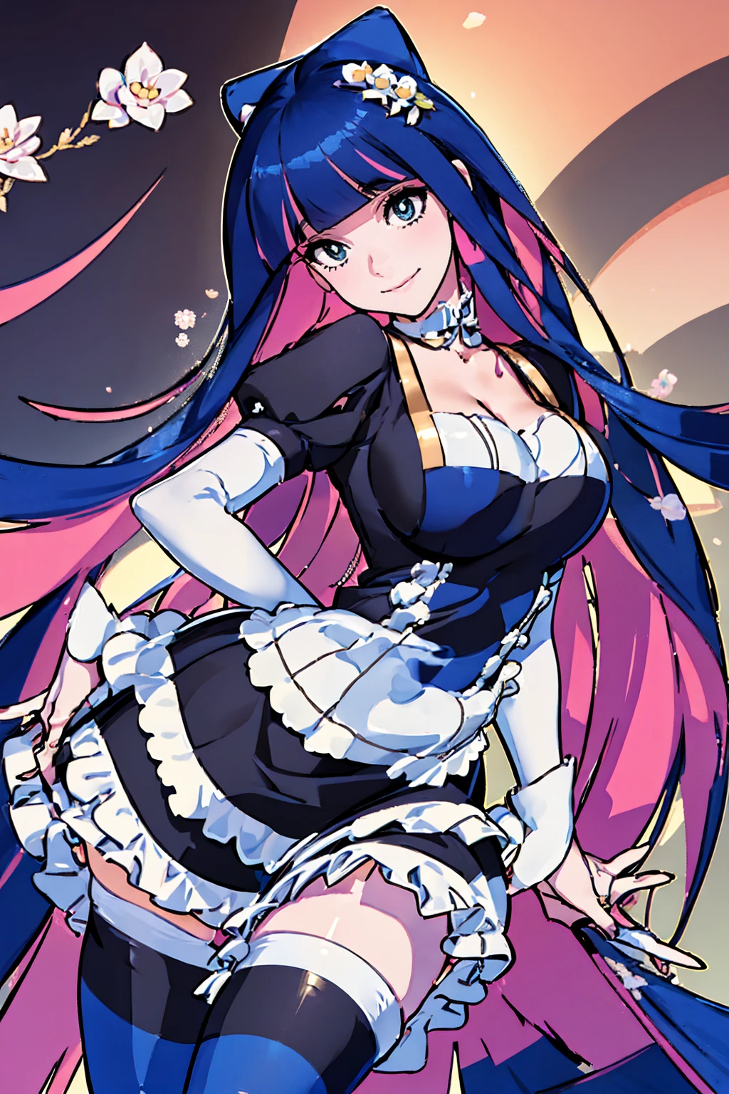 Anarchy Stocking, long hair, long flowing hair, floating hair, ornament hair, perfectly body, perfectly hands, a big navy lace on hair, maid, maid dress, maid headdress, maid apron, white apron, on street, petals in the air, blossom peach tree, centered girl, Chinese style, Chinese maid dress, navy dress, more details on her clothes, dress with transparency, golden details, stocking up to knees, blue and white stocking, daylight, smiling, ((4k, masterpiece, top-quality)),8k, best quality, high resolution, HD, (illustration:0.8), super cute girl, delicate and beautiful face, 1girl, solo, mature girl, super cute hairstyle, (beautiful detailed eyes:1.6), extremely detailed face, perfect lighting, extremely detailed CG, (perfect hands, perfect anatomy), Best quality, cleavage, small skirt, full Body,