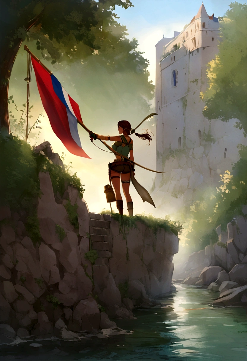 Lara Croft with a French flag in blue, white and red, behind the Seine -  SeaArt AI