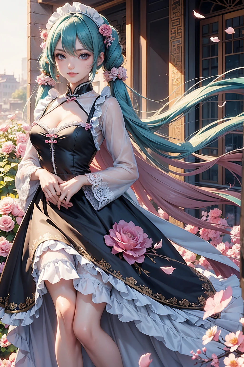 Hatsune Miku, long hair, aqua hair, twintails long flowing hair, floating hair, ornament hair, perfectly body, perfectly hands, dark pink rose on hair, maid, maid dress, maid headdress, maid apron, white apron, on street, petals in the air, blossom peach tree, centered girl, Chinese style, Chinese maid dress, black dress, more details on her clothes, dress with transparency, golden details, daylight, smiling, cape, ((4k, masterpiece, top-quality)),8k, best quality, high resolution, HD, (illustration:0.8), super cute girl, delicate and beautiful face, 1girl, solo, mature girl, super cute hairstyle, (beautiful detailed eyes:1.6), extremely detailed face, perfect lighting, extremely detailed CG, (perfect hands, perfect anatomy), Best quality, cleavage, small skirt, full Body,