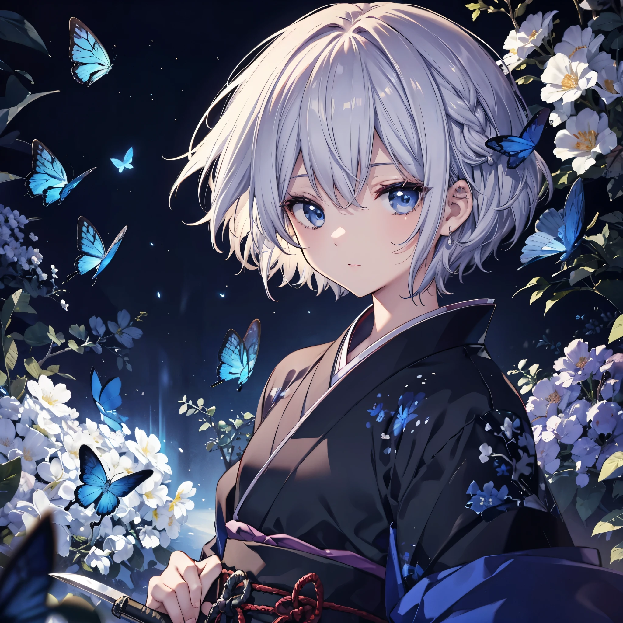 (((1 person)))　((High resolution　Gray Hair　short hair　Black kimono　Shoulder))　((Black Band　military commander　Lonely　despair　blue eyes))　((Blue Butterfly　night　Japanese style　old　Shining Aura　garden　water surface))　(dance　日本knife　knife　Slashing)　moon　star　Draw your sword　Slashing　Catch the wind　