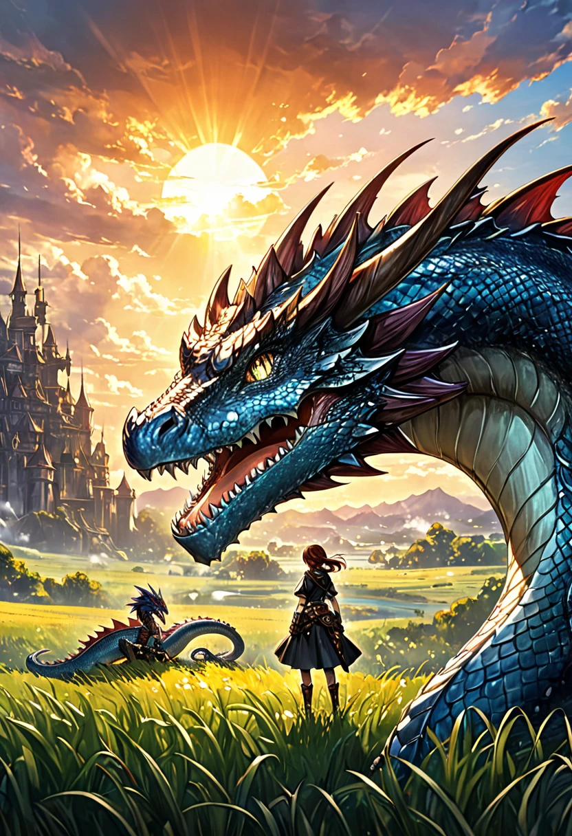 Uma garota em um campo com um dragão, ilustração de fantasia de anime, high detailed Arte oficialwork, arte de fantasia de anime,  fantasia épica de anime, Arte oficialwork, Arte espetacular de anime, Arte oficial,  ilustração de anime, arte oficial do anime, Lamia, Um dragão vestindo uma armadura escamosa、steampunk