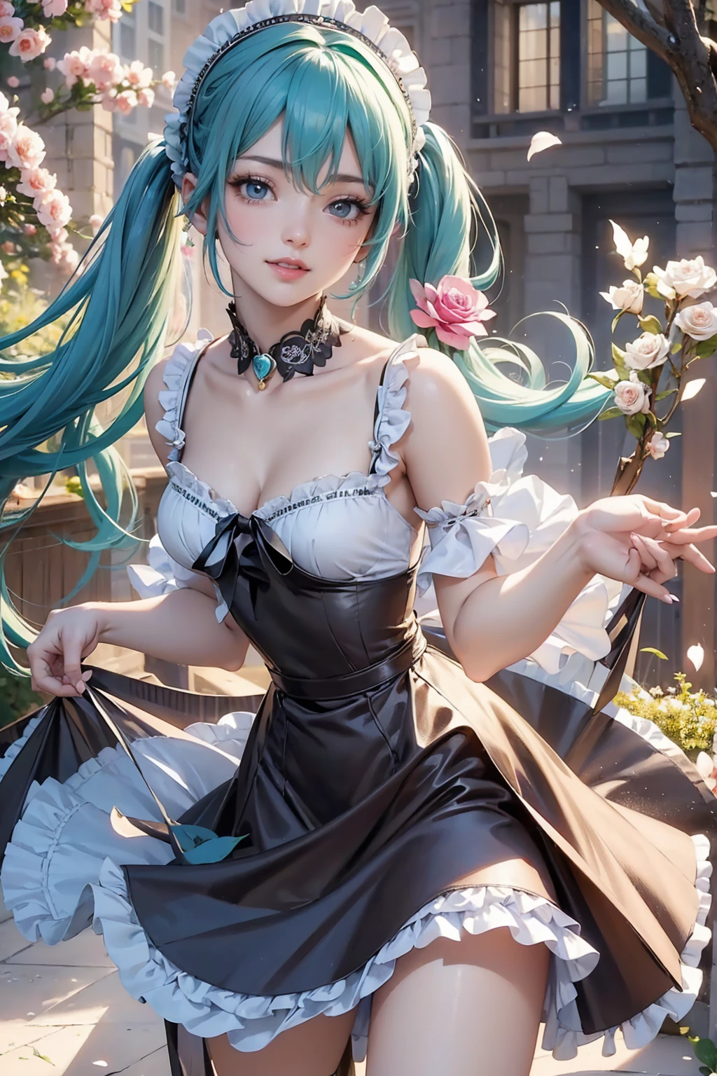 Hatsune Miku, long hair, aqua hair, twintails, cat ears, animal ears, long flowing hair, floating hair, ornament hair, perfectly body, perfectly hands, dark pink rose on hair, maid, maid dress, maid headdress, maid apron, white apron, on street, petals in the air, blossom peach tree, centered girl, maid dress, black dress, more details on her clothes, dress with transparency, golden details, daylight, smiling, cape, ((4k, masterpiece, top-quality)),8k, best quality, high resolution, HD, (illustration:0.8), super cute girl, delicate and beautiful face, 1girl, solo, mature girl, super cute hairstyle, (beautiful detailed eyes:1.6), extremely detailed face, perfect lighting, extremely detailed CG, (perfect hands, perfect anatomy), Best quality, cleavage, small skirt, full Body,