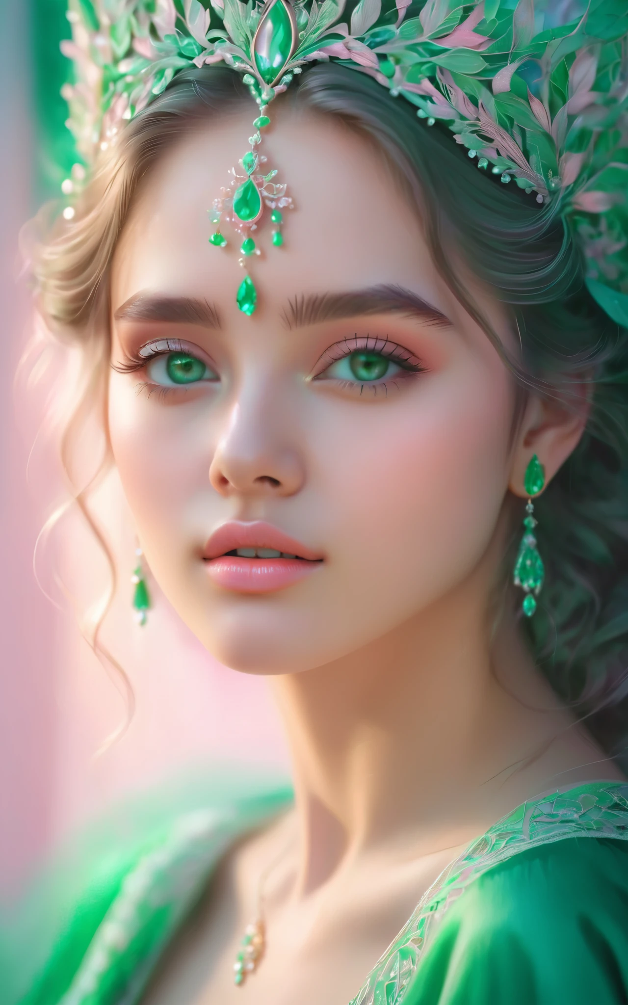 (best quality, 4K, 8K, high-resolution, masterpiece), ultra-detailed, colorful pastel, beautiful young woman, digital art, detailed facial features, light pink tones, emerald tones, charming character illustrations, soft focus, intricate design, gentle expression, ethereal atmosphere, vibrant colors, delicate details, artistic elegance, high detail, high resolution.