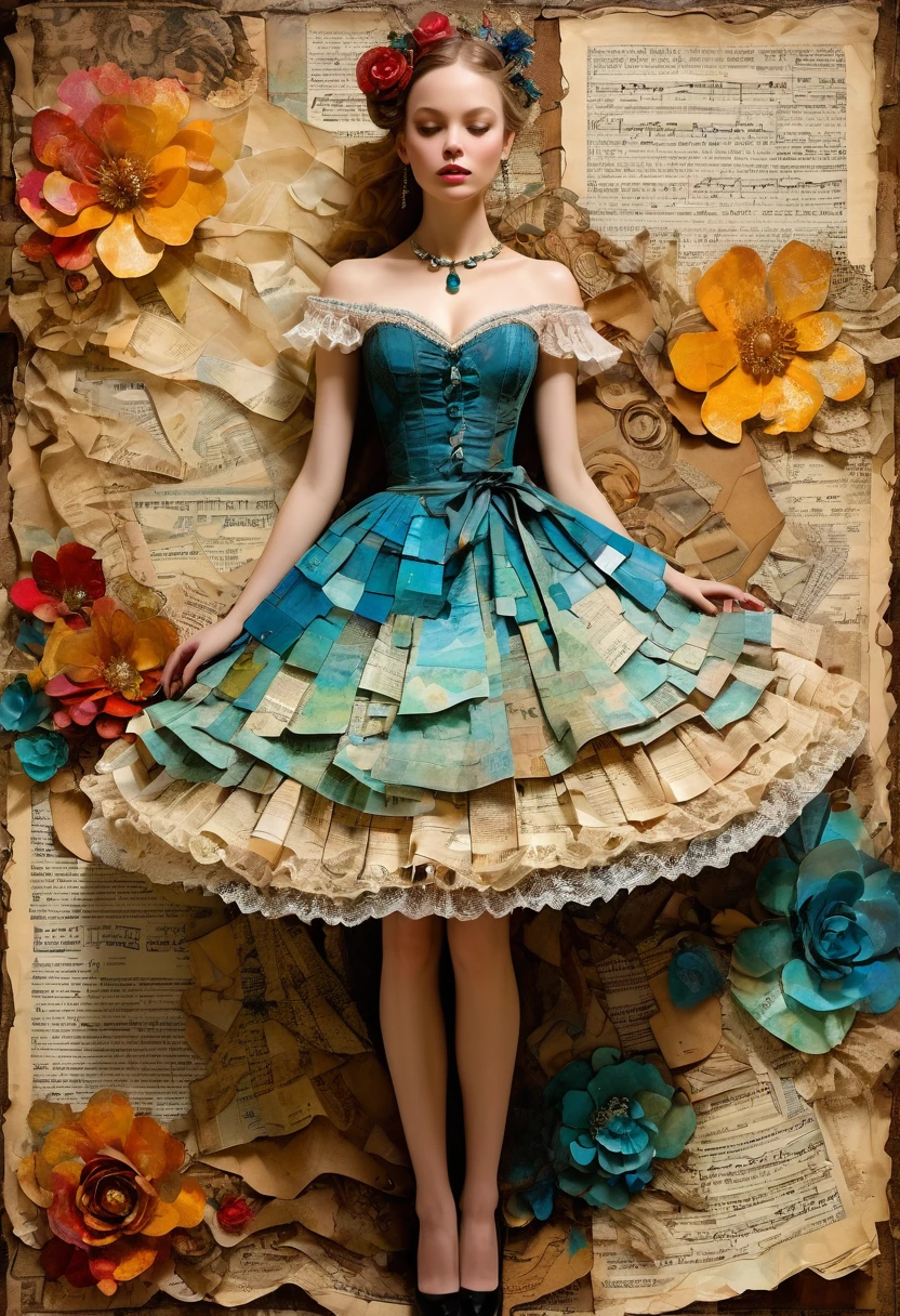 Super detailed alcohol ink painting of gorgeous girl, Made on top of a mixed-media masterpiece patchwork of stress-free vintage script paper, Ephemera, Torn cardboard, Vintage newspaper, Vintage sheet music, Wax Seal, Dress made of paper ruffles and life-size dainty lace, in the style of [Junk Journal, double exposure, Equal to the size of the body, Greg Simkins, Mark Davis, Oliver Jeffers, Andy Kehoe], Cinematic, Stunning, Highly detailed, 8K, dehazed
