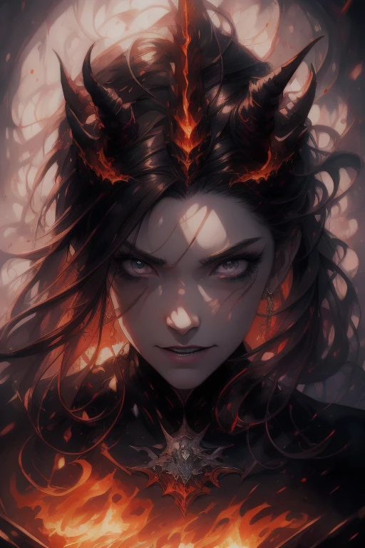 A devil with Evil Teeth  (Show Your Teeth), Looking at Camera, Background in Flames, ReFi, Beautiful Picture, Epic Portrait Illustration, Detailed Portrait, Neo-Artcore, High Quality Portrait, Fantasy Concept Art Portrait, Detailed Matte Fantasy Portrait, Charlie Bowwater Art Style, Watercolor, Detailed Beautiful Portrait, Fantasy Art Portrait, Waist Length Portrait 