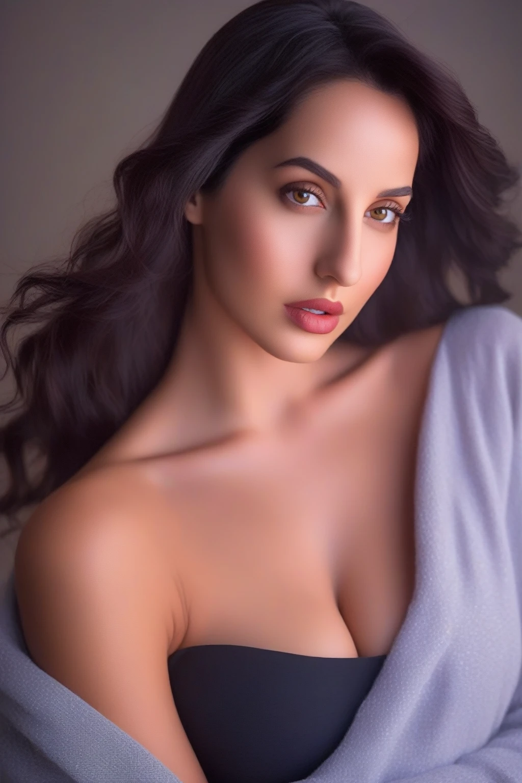 a professional portrait photo of a  27  year old  women,  with light brown eyes, black hair, highly detailed features, city bokeh background,  perfect eyes , nora fatehi  (CLOTHES ARE INVISIBLE) (BOOBS CLOTHES ARE INVISIBLE) SEXUAL PHOTO HORNY GIRL