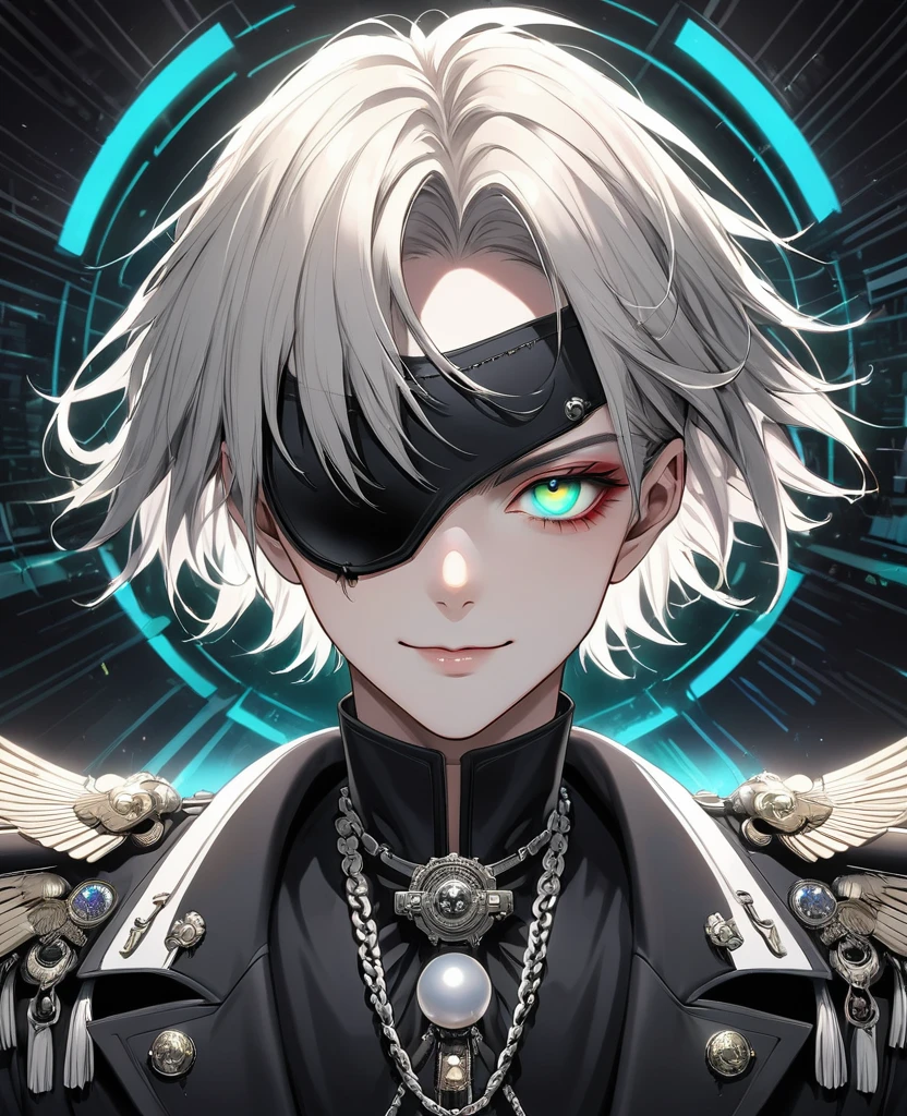 (Digital Illustration，Detailed anime style，Heavy Metal Cyberpunk，Pearl tassel eye mask，Portrait of short-haired boy wearing mask eye patch，Solitary，symmetry)，(Big colorful eyes，Fashionable and exquisite facial features，Exquisite makeup，Smooth skin，Smile，Soulful gaze，)，(Black suit，Epaulettes-Chain，cool，)，(((Correct human anatomy)))，，out a hand：1.37.(((Radioactive geometric dynamic light wave background)))