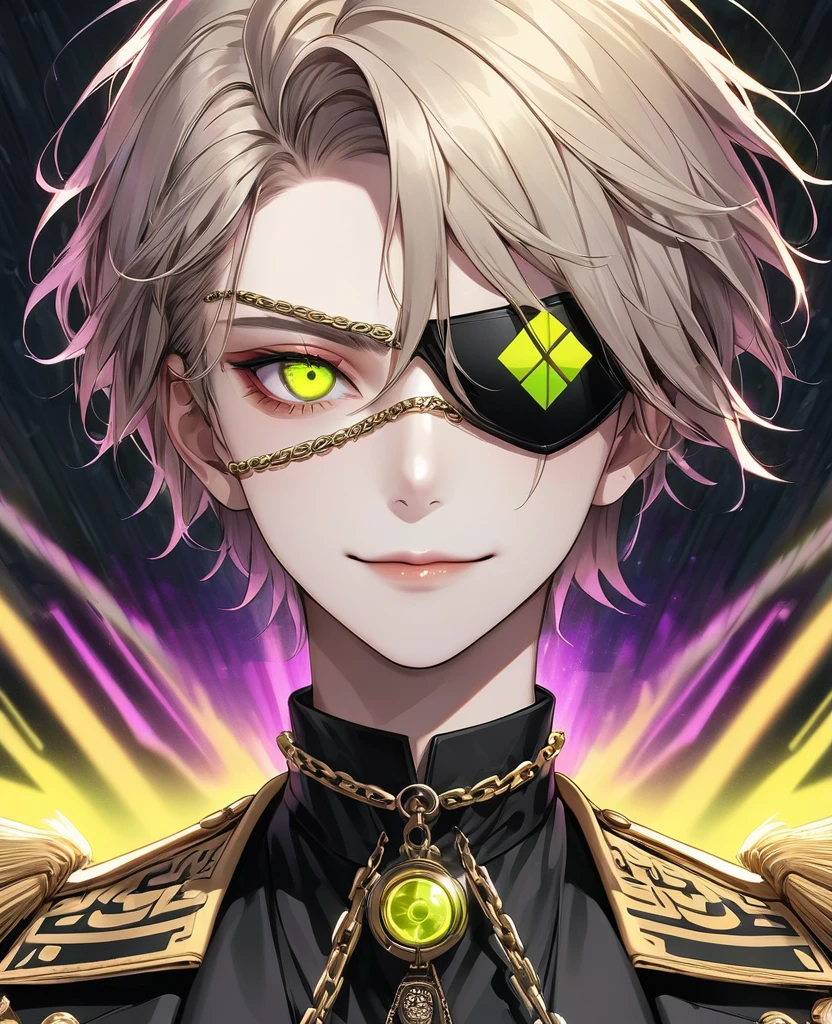 (Digital Illustration，Detailed anime style，Heavy Metal Cyberpunk，Pearl tassel eye mask，Portrait of short-haired boy wearing mask eye patch，Solitary，symmetry)，(Big colorful eyes，Fashionable and exquisite facial features，Exquisite makeup，Smooth skin，Smile，Soulful gaze，)，(Black suit，Epaulettes-Chain，cool，)，(((Correct human anatomy)))，，out a hand：1.37.(((Radioactive geometric dynamic light wave background)))