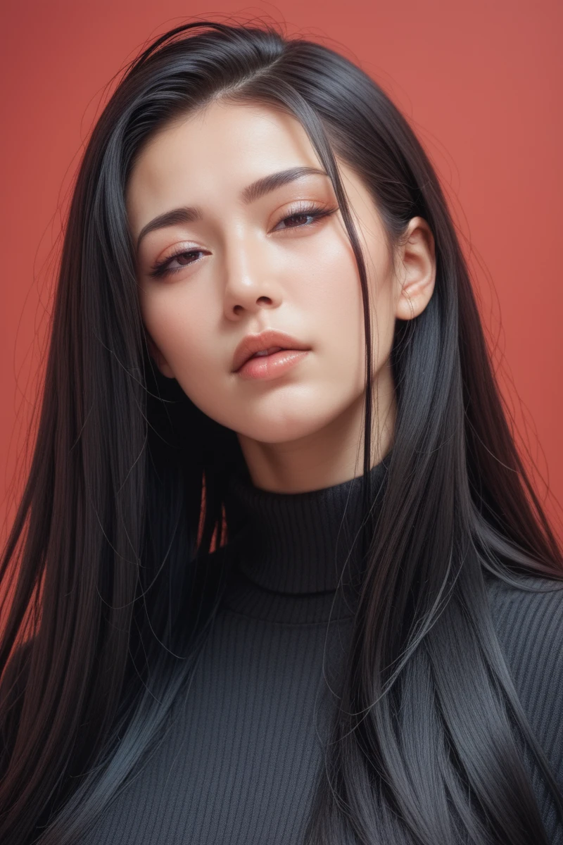 ,score_9,score_8_superior,score_7_superior, 20-year-old, 8k, High resolution, beautiful girl, Black Hair, Very long hair, Straight hair, Mouth closed,
One girl, Detailed face, Beautiful woman face, sweater, Red background, View your viewers,