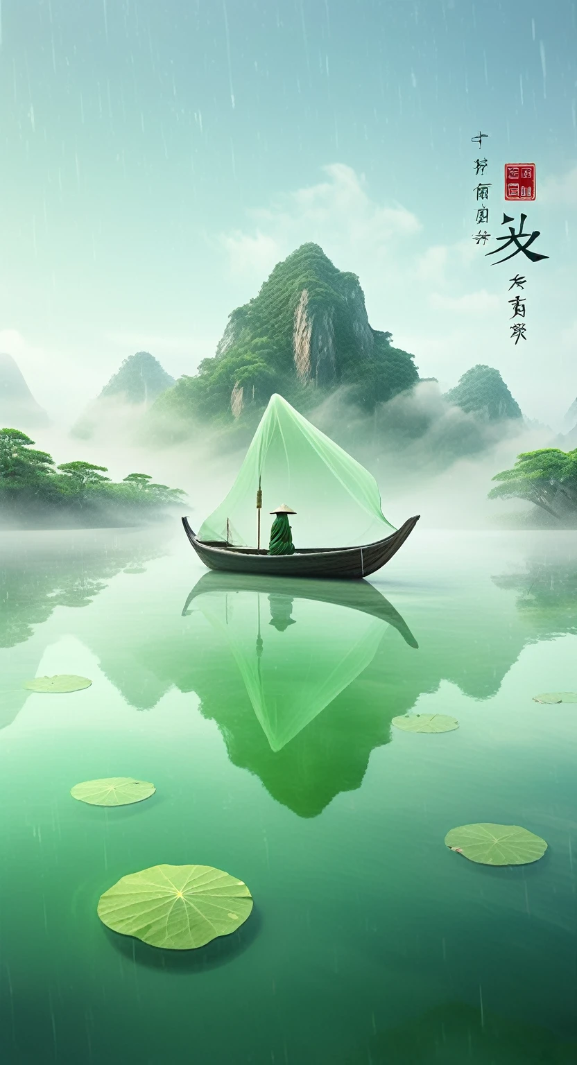 Minimalism, large areas of white space, mountain shapewater reflection, perspective aesthetics, light green, soft gradientcolors, a minimalist painting from ancient China, a  small boattransparent model, macro zoom, veil, veil material, pure whitebackground,artistic conception ink, depth of field --no black --ar，4k，Ultra HD