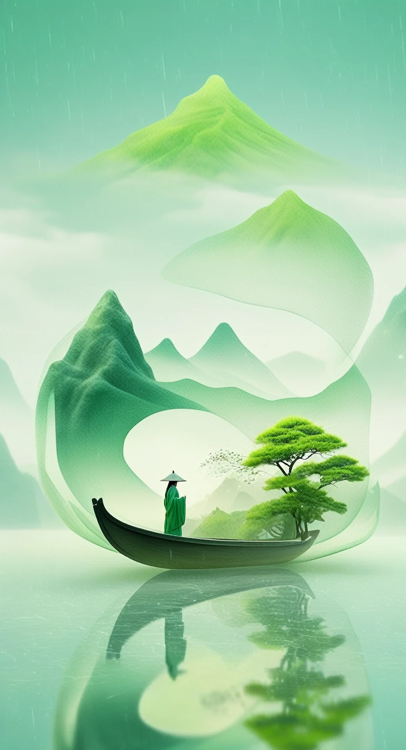 Minimalism, large areas of white space, mountain shapewater reflection, perspective aesthetics, light green, soft gradientcolors, a minimalist painting from ancient China, a  small boattransparent model, macro zoom, veil, veil material, pure whitebackground,artistic conception ink, depth of field --no black --ar，4k，Ultra HD