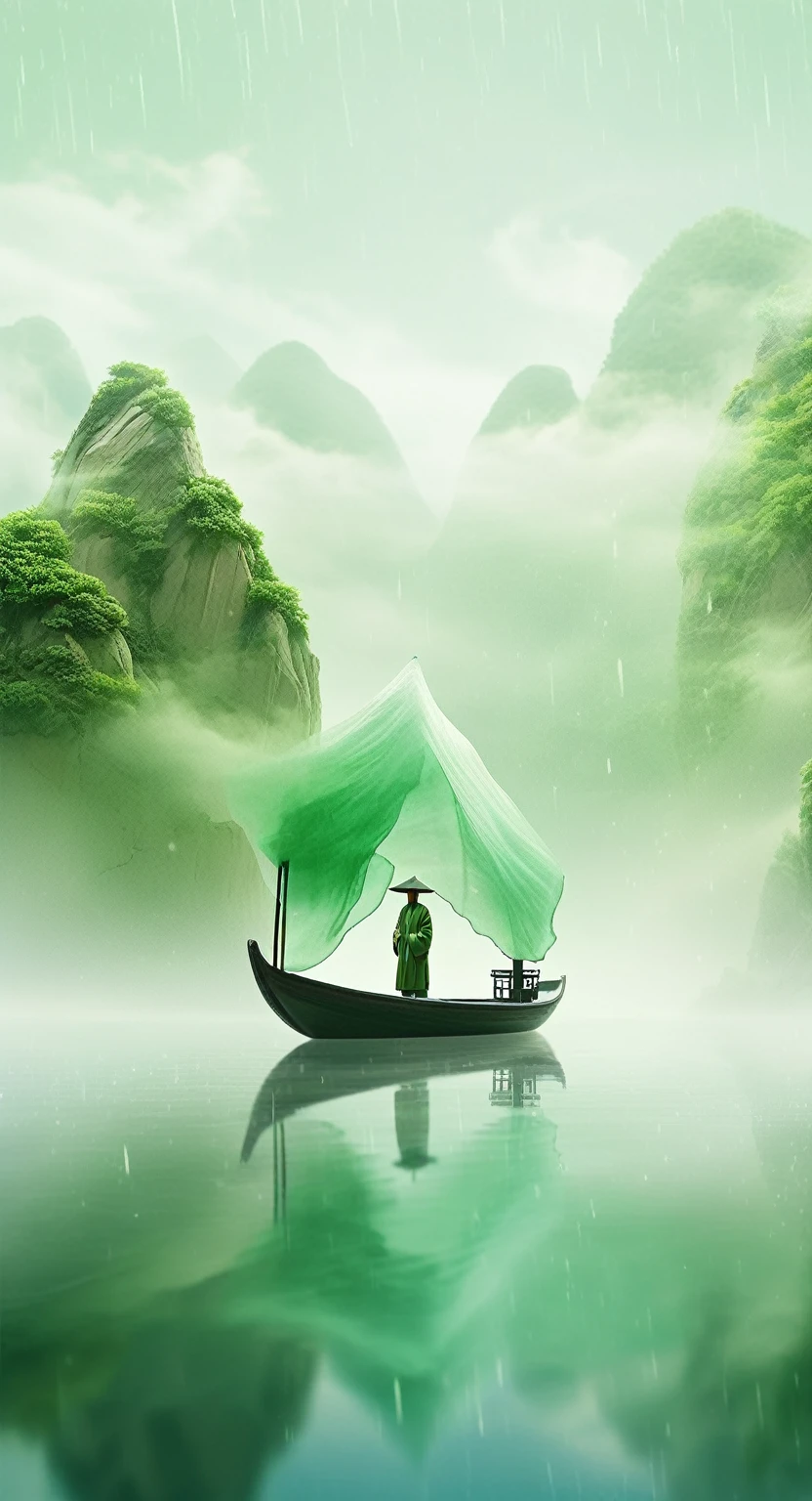 Minimalism, large areas of white space, mountain shapewater reflection, perspective aesthetics, light green, soft gradientcolors, a minimalist painting from ancient China, a  small boattransparent model, macro zoom, veil, veil material, pure whitebackground,artistic conception ink, depth of field --no black --ar，4k，Ultra HD