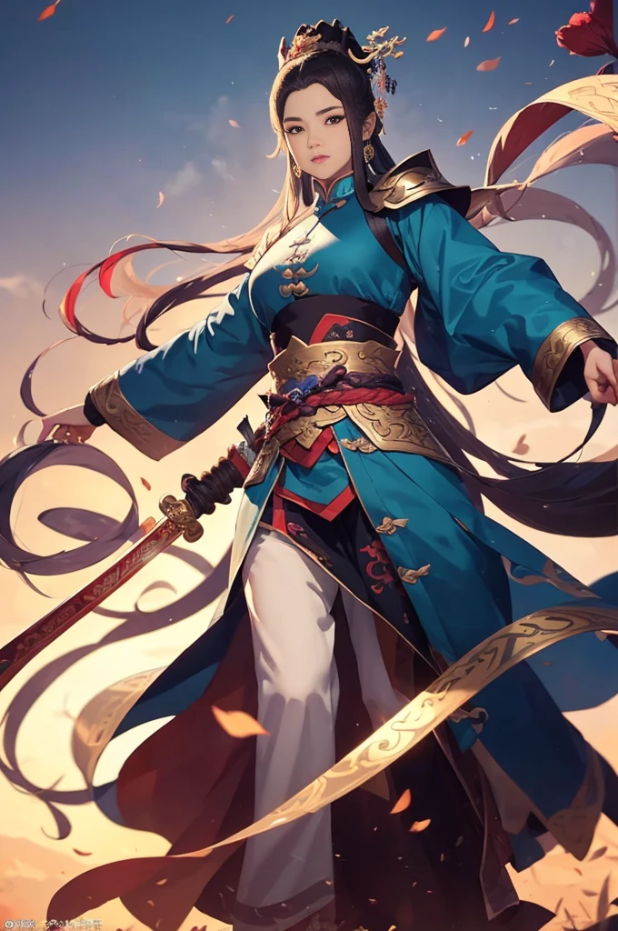 Araped image of a man wearing blue clothes and holding a sword, Chinese Warrior, armored warrior, Zhaoyun, beautiful character drawings, Works inspired by Zhao Yuan, Inspired by Dong Yuan, Kuleilei(Qu Leilei), by Jay Yang, Li Zai(Li Zai), Epic exquisite character art, Works inspired by Zuderun, Inspired by Jang Wo, Highly detailed character design