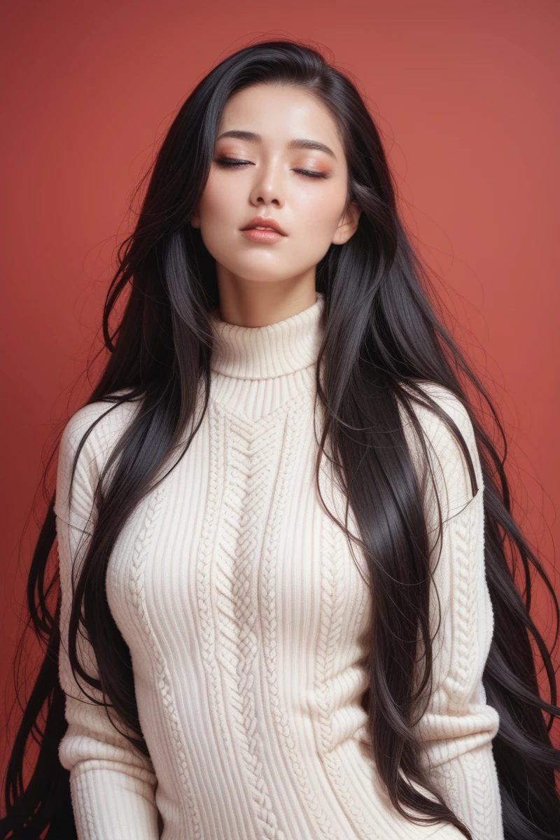 ,score_9,score_8_superior,score_7_superior, 20-year-old, 8k, High resolution, beautiful girl, Black Hair, Very long hair, Straight hair, Mouth closed,
One girl, Detailed face, Beautiful woman face, sweater, Red background, View your viewers,