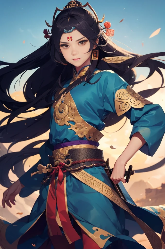 Araped image of a man wearing blue clothes and holding a sword, Chinese Warrior, armored warrior, Zhaoyun, beautiful character drawings, Works inspired by Zhao Yuan, Inspired by Dong Yuan, Kuleilei(Qu Leilei), by Jay Yang, Li Zai(Li Zai), Epic exquisite character art, Works inspired by Zuderun, Inspired by Jang Wo, Highly detailed character design